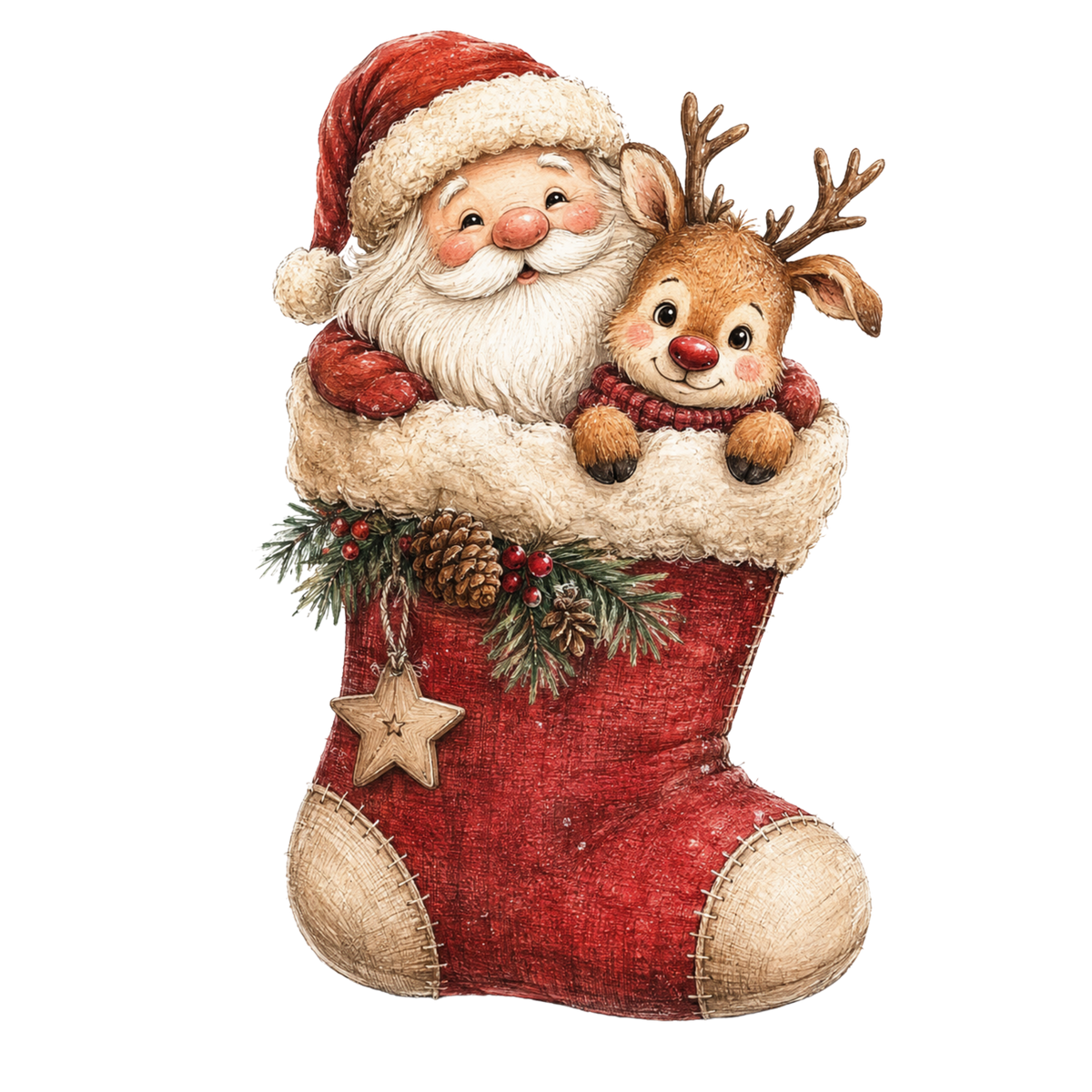 Christmas Whimsy - Santa and Reindeer in a Stocking DTF transfer