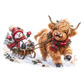 Christmas Whimsy - Highland Cow Pulling Snowman Sled DTF transfer