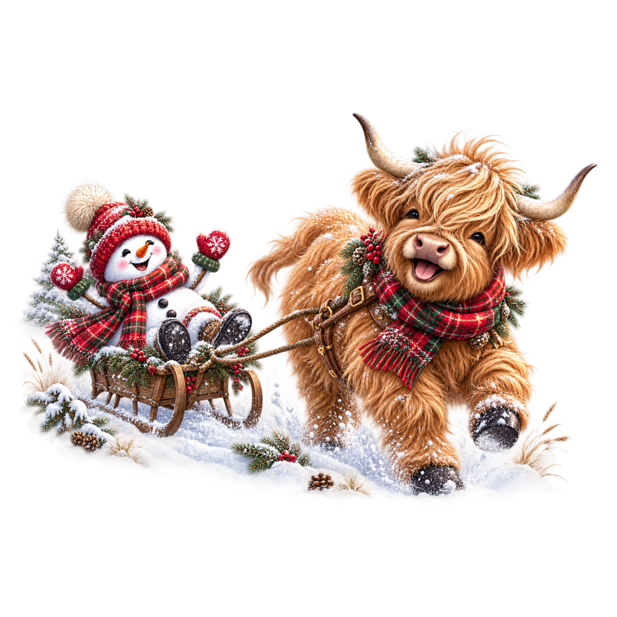 Christmas Whimsy - Highland Cow Pulling Snowman Sled DTF transfer