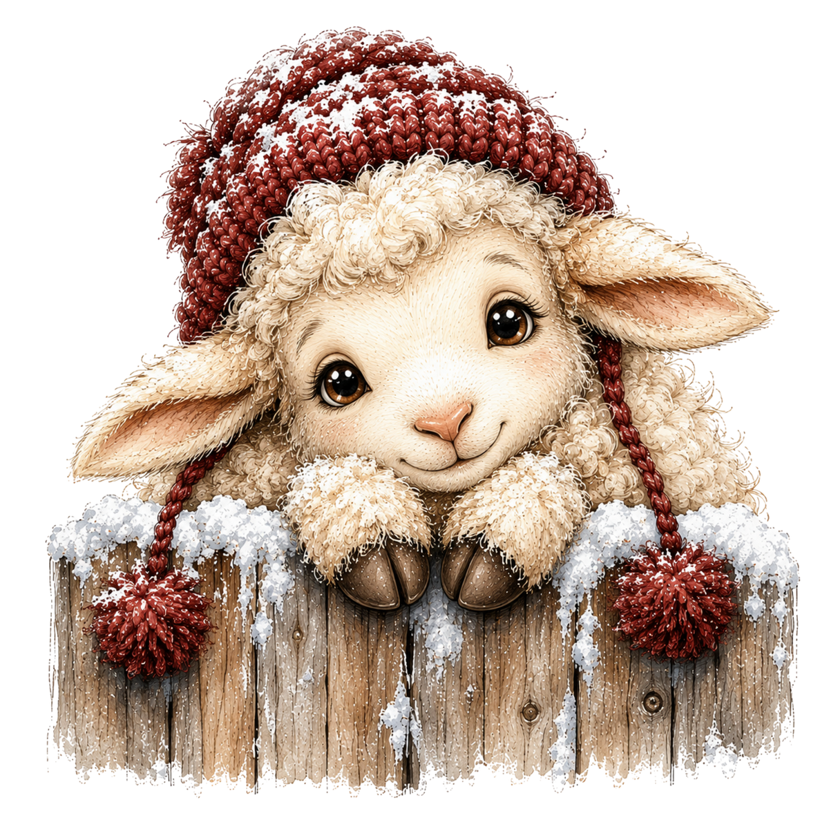 Christmas Whimsy - Peeking Lamb in Pom-Pom Hat DTF transfer