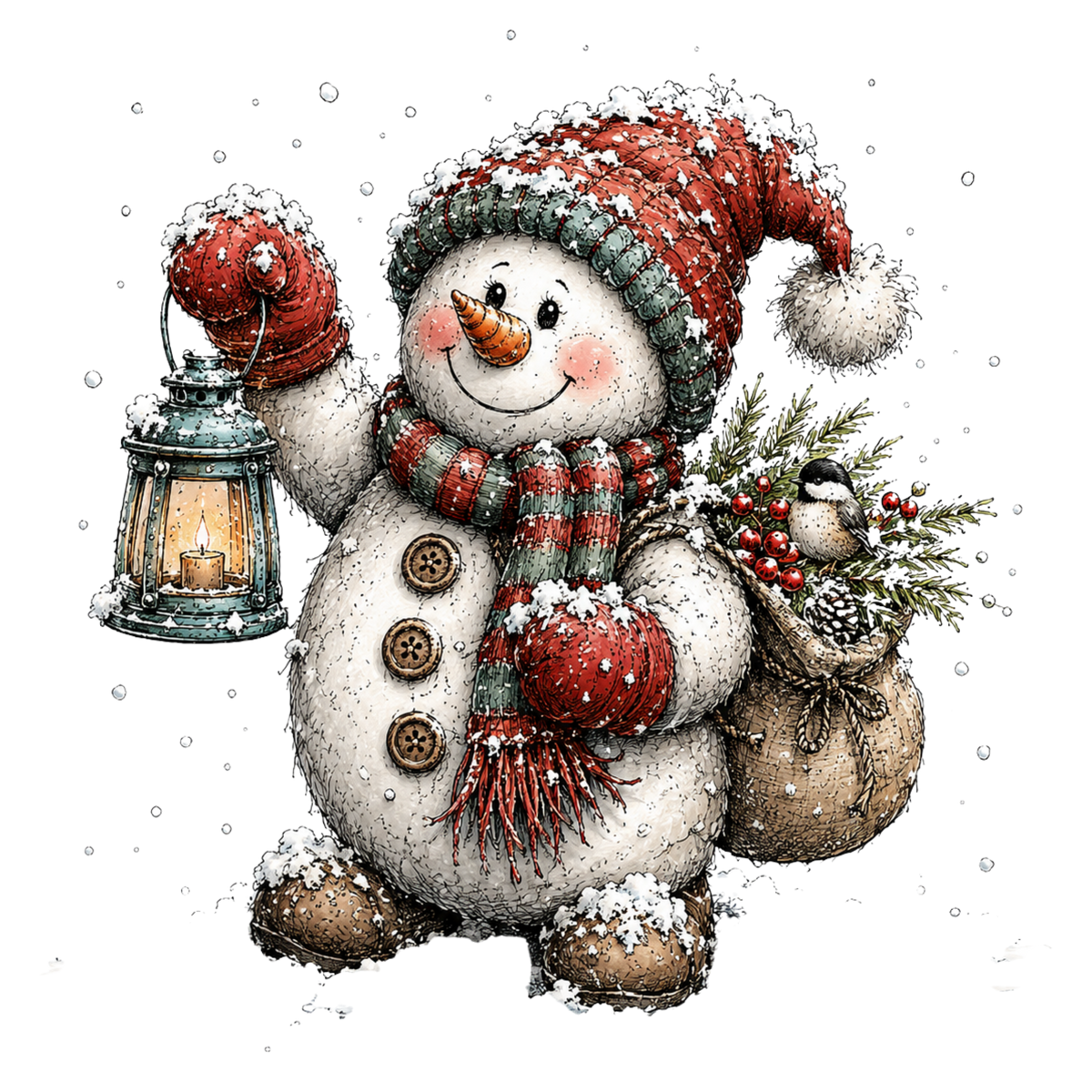 Christmas Whimsy - Snowman with Lantern and Gift Sack DTF transfer