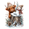 Christmas Whimsy - Highland Cow and Snowman on Snowy Stump DTF transfer
