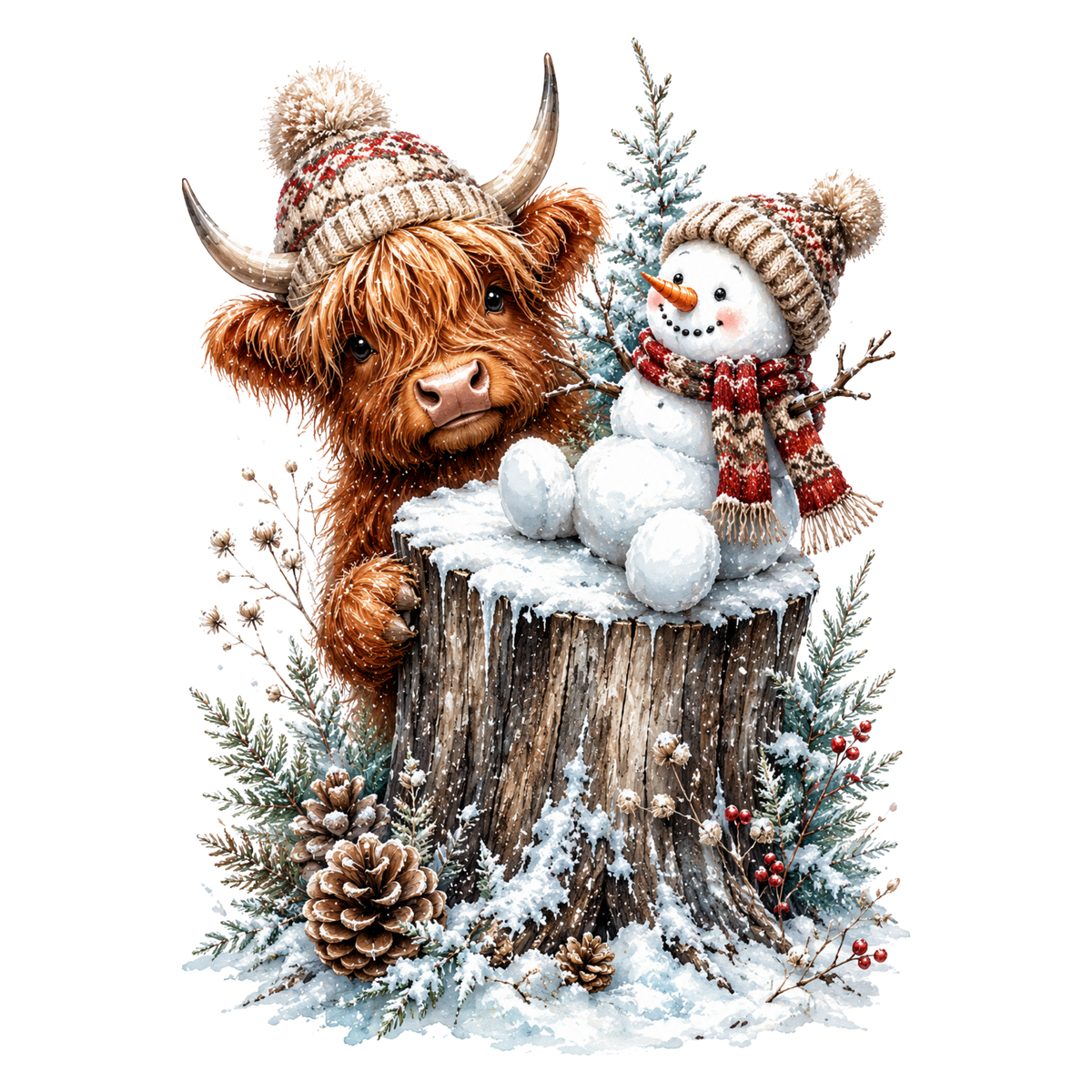 Christmas Whimsy - Highland Cow and Snowman on Snowy Stump DTF transfer