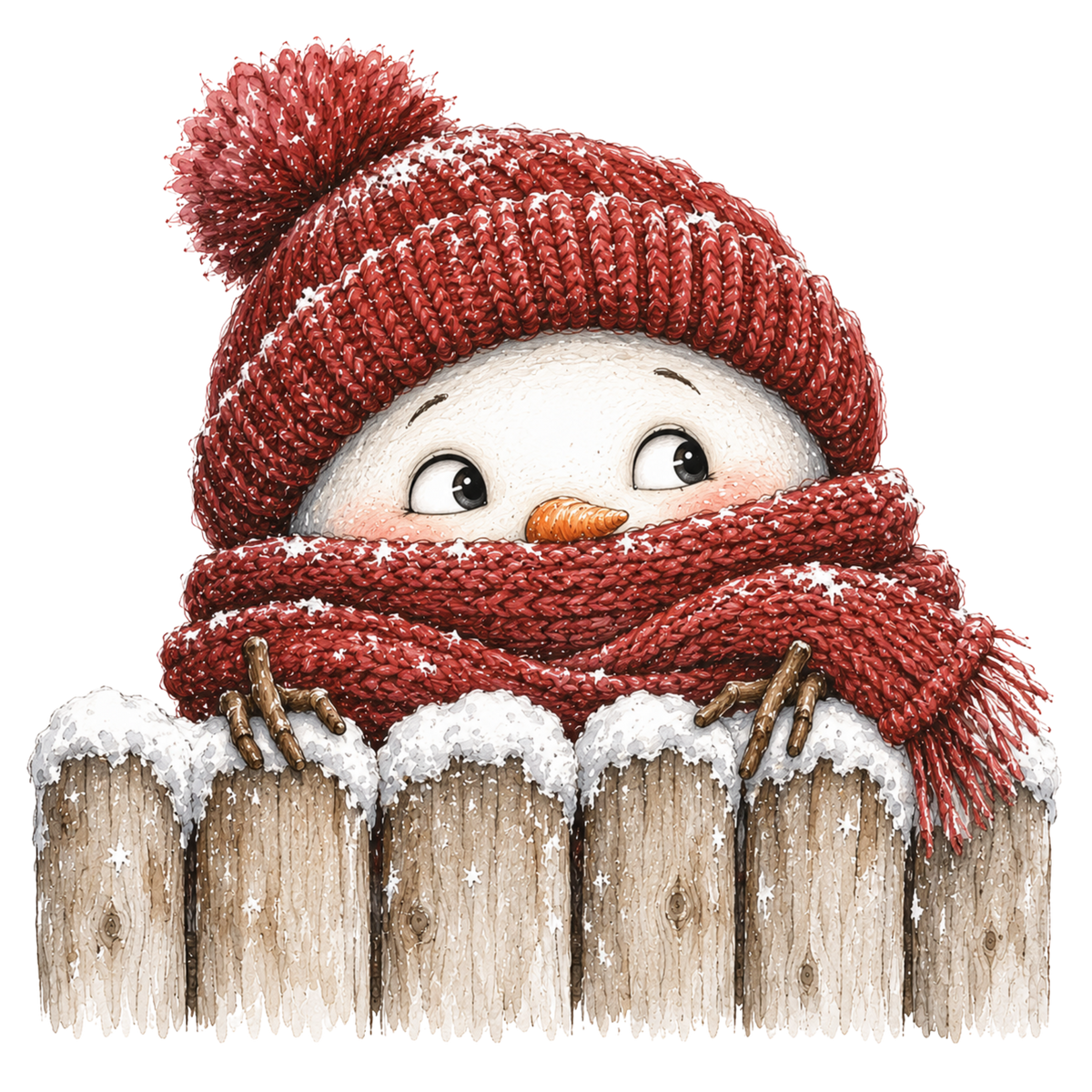 Christmas Whimsy - Snowman Peeking Over Fence DTF transfer