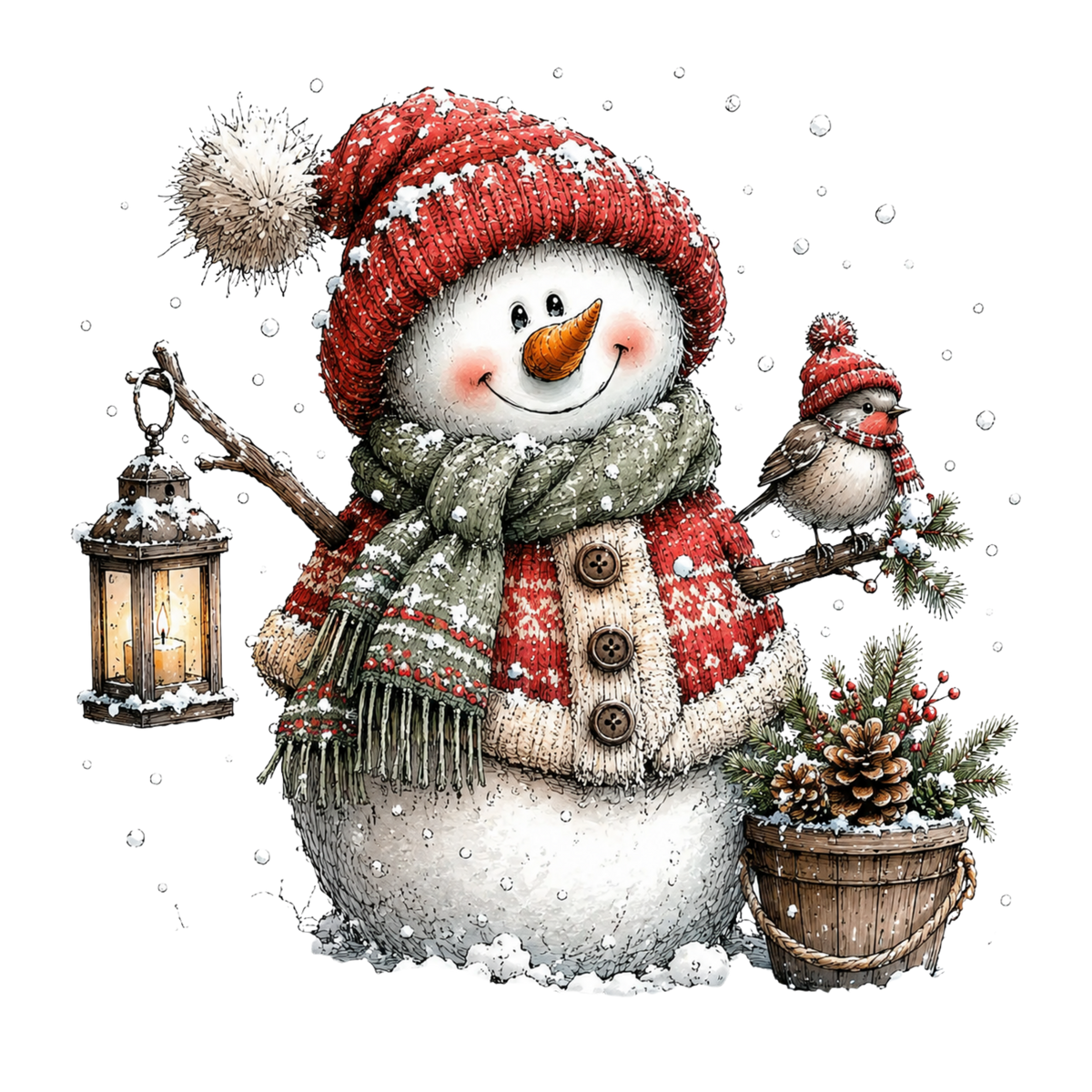 Christmas Whimsy - Snowman with Lantern and Basket DTF transfer