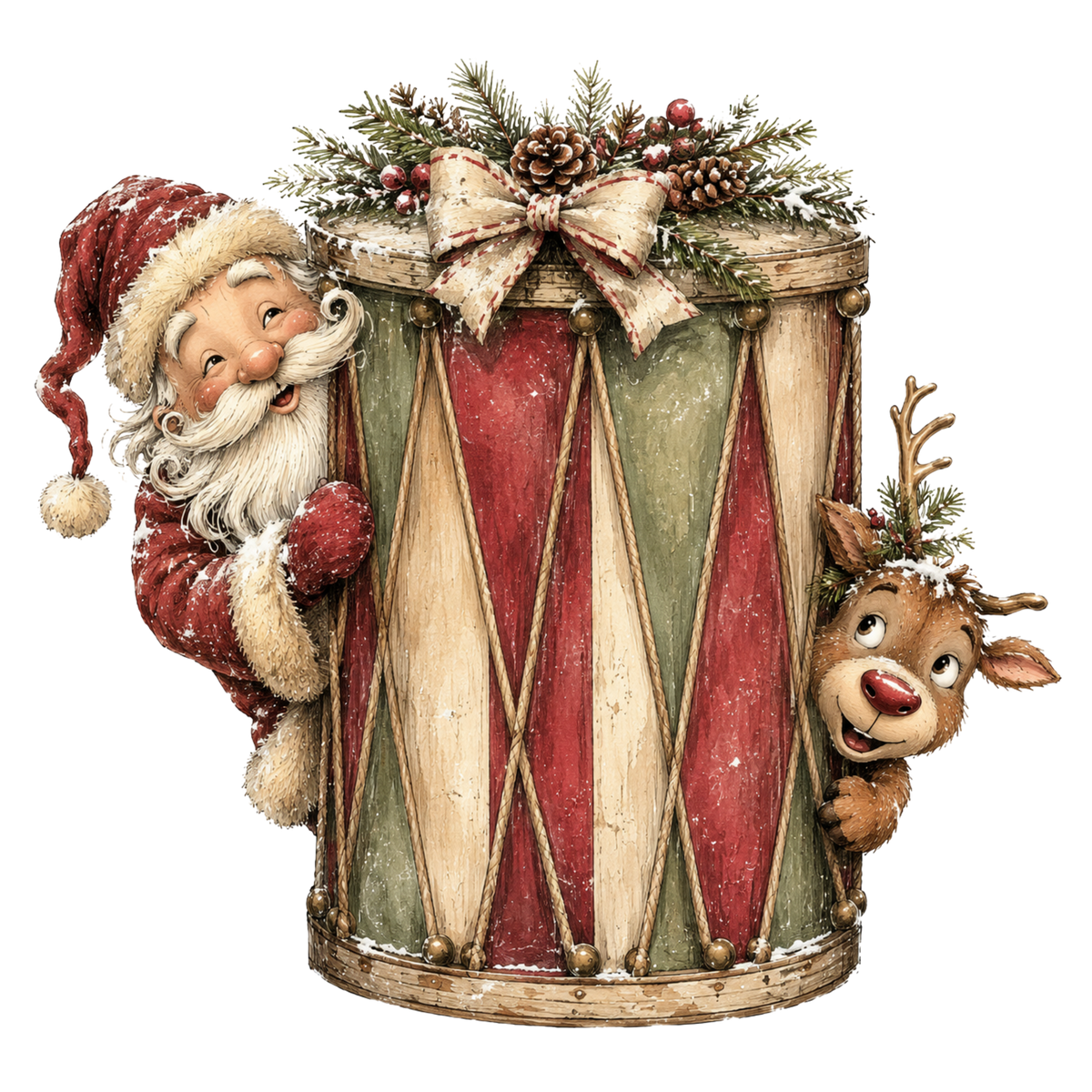 Christmas Whimsy - Santa and Reindeer with Drum DTF transfer