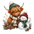 Christmas Whimsy - Highland Cow and Snowman in Green Hats DTF transfer