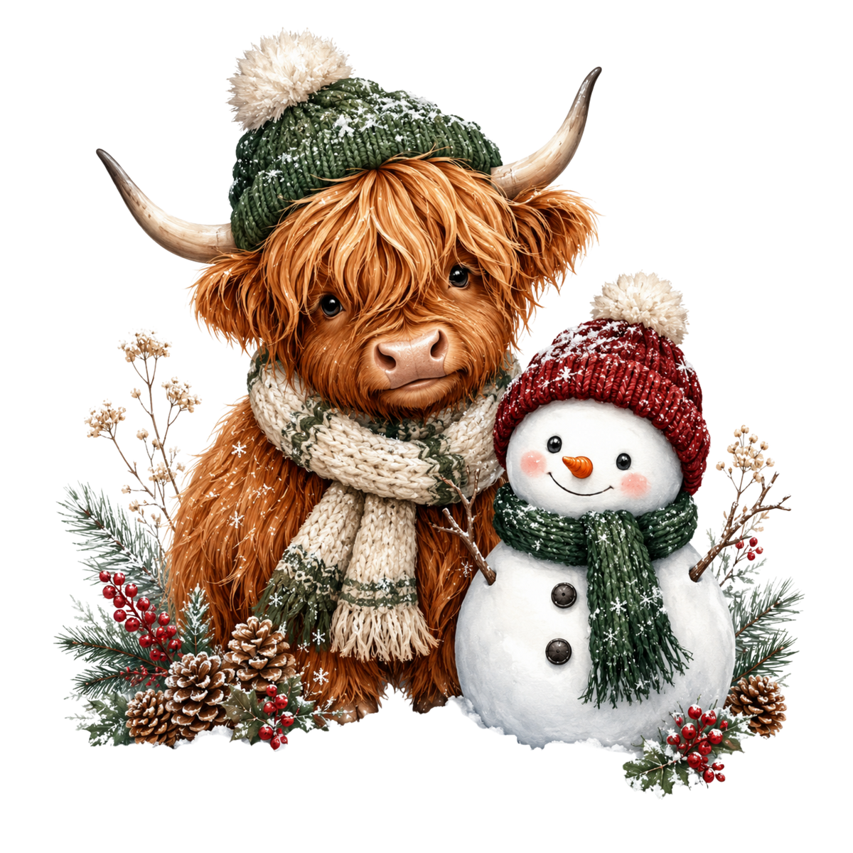 Christmas Whimsy - Highland Cow and Snowman in Green Hats DTF transfer