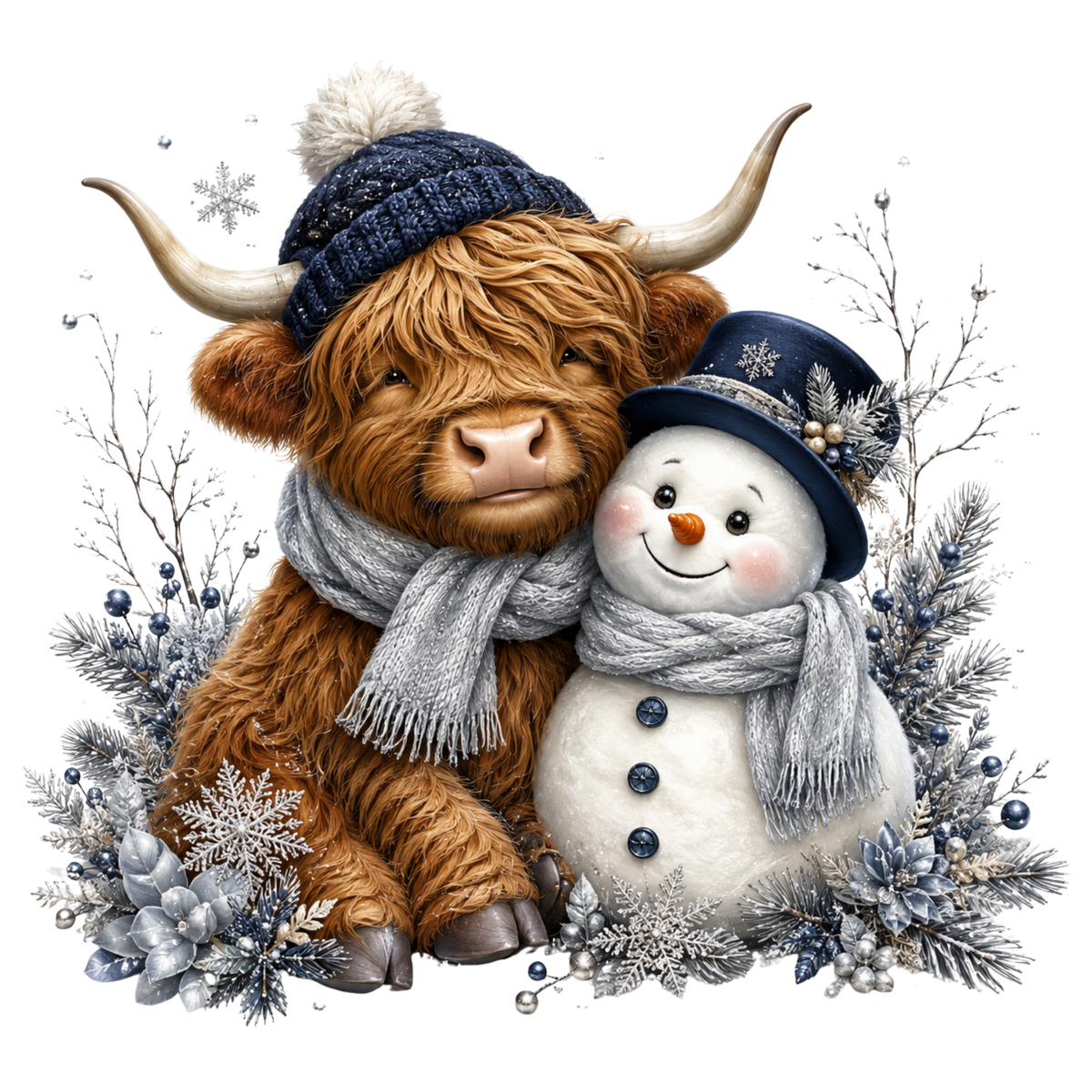 Christmas Whimsy - Highland Cow and Top Hat Snowman DTF transfer