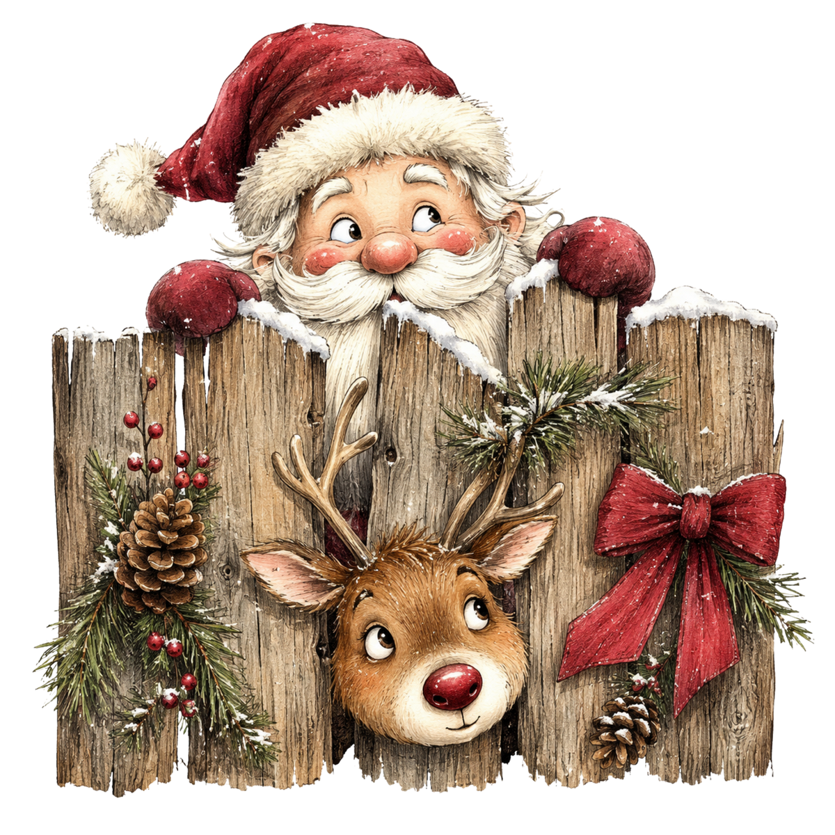 Christmas Whimsy - Santa and Reindeer Peeking Over Fence DTF transfer