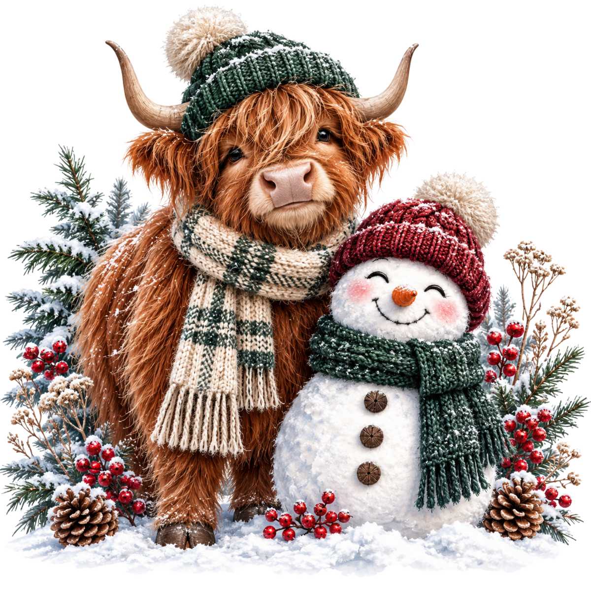 Christmas Whimsy - Highland Cow and Snowman in Plaid Scarf DTF transfer