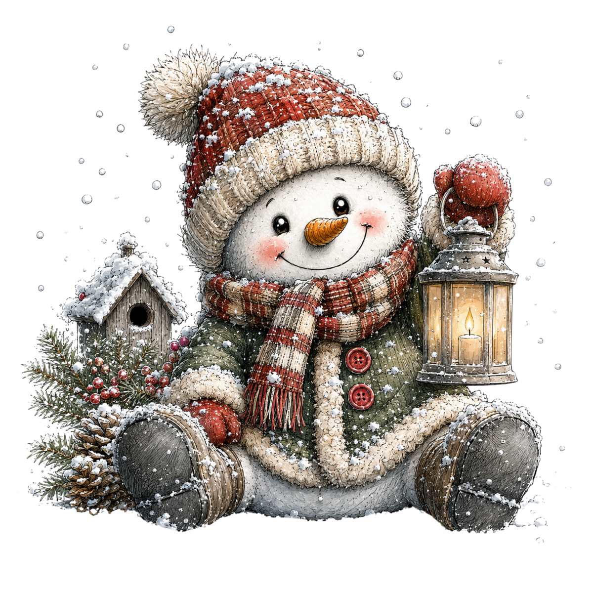 Christmas Whimsy - Sitting Snowman with Birdhouse DTF transfer