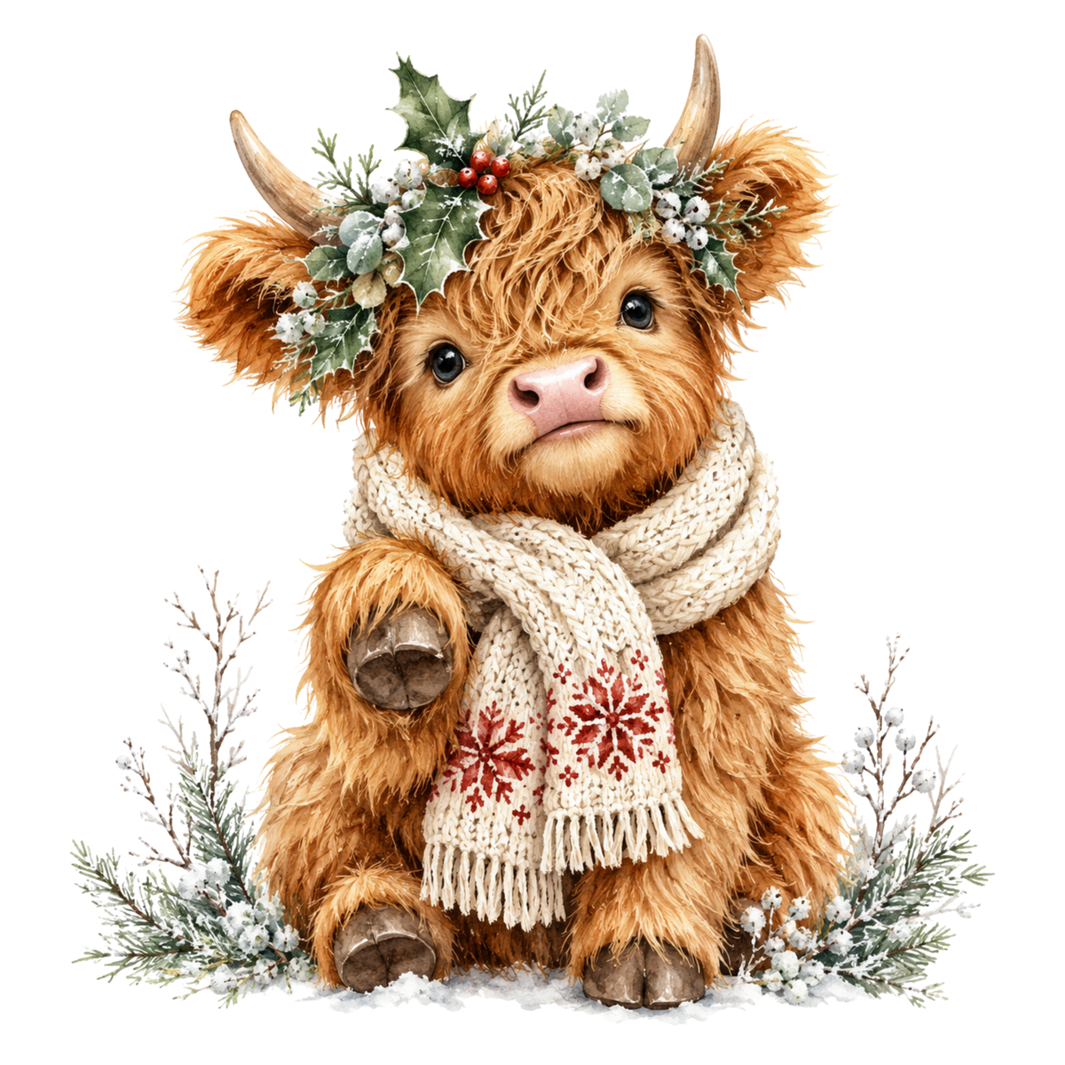 Christmas Whimsy - Baby Highland Cow with Snowflake Scarf DTF transfer