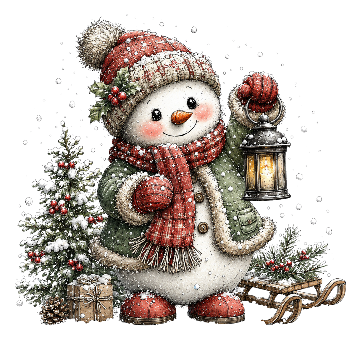 Christmas Whimsy - Snowman with Lantern and Sled DTF transfer