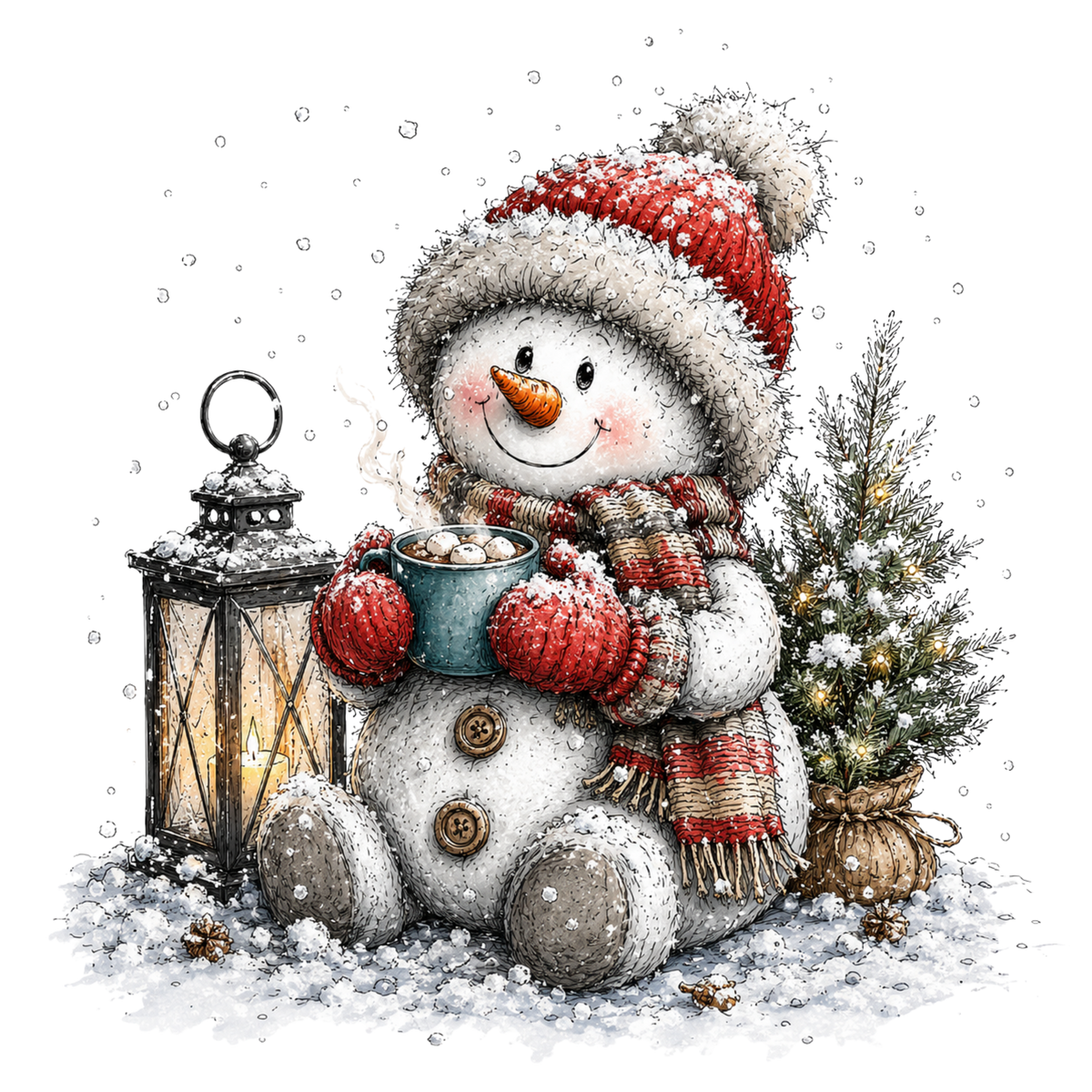 Christmas Whimsy - Snowman with Cocoa and Lantern DTF transfer