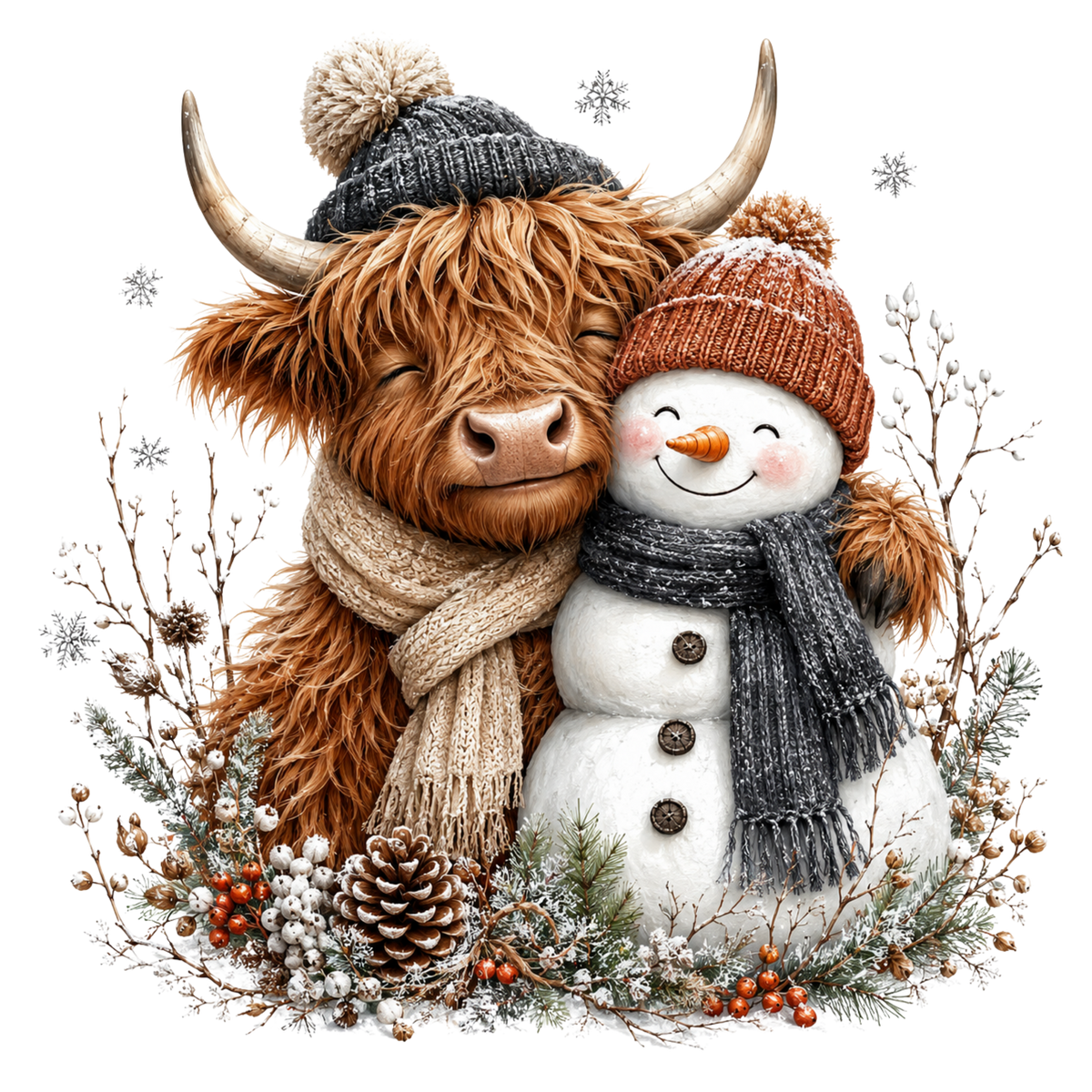 Christmas Whimsy - Highland Cow and Snowman in Grey Scarves DTF transfer
