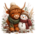 Christmas Whimsy - Highland Cow and Snowman in Green Scarf DTF transfer