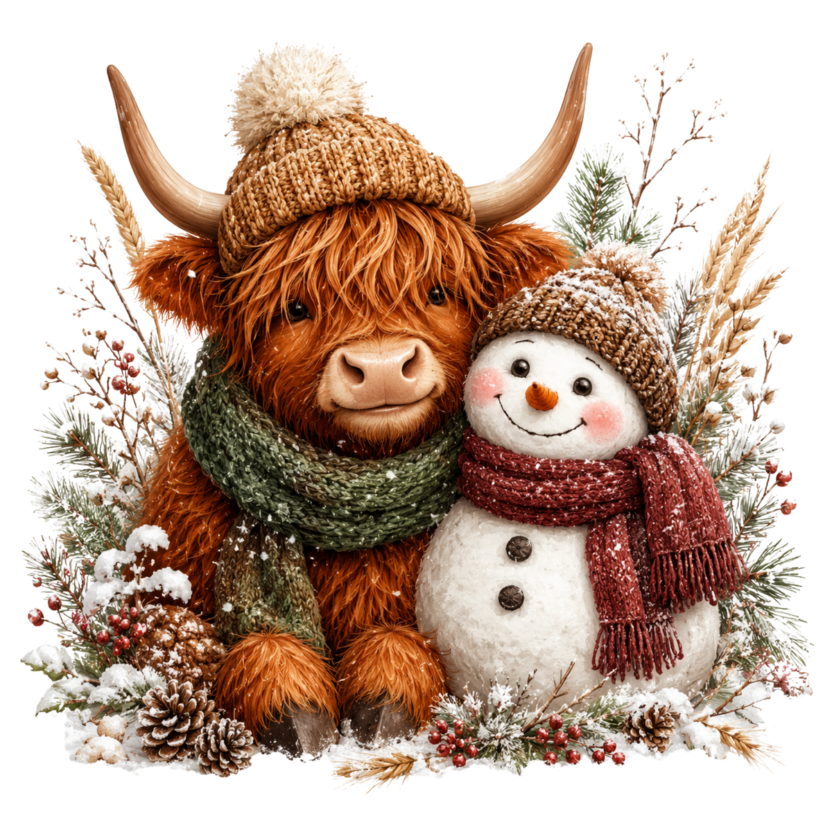 Christmas Whimsy - Highland Cow and Snowman in Green Scarf DTF transfer