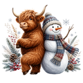 Christmas Whimsy - Highland Cow Leaning on Snowman DTF transfer