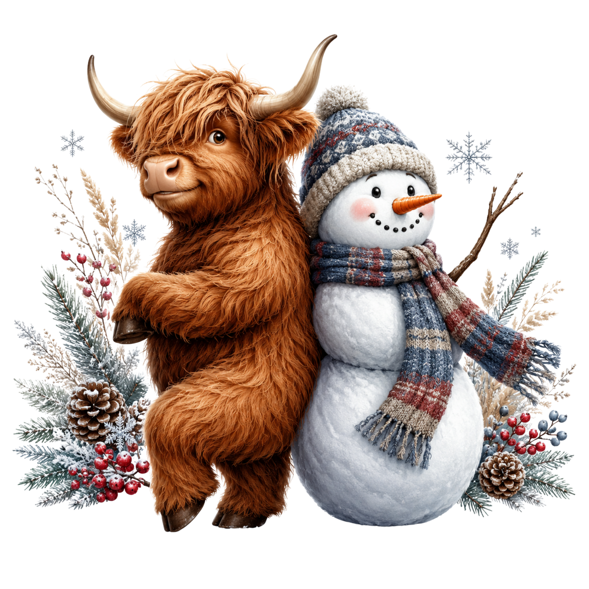 Christmas Whimsy - Highland Cow Leaning on Snowman DTF transfer