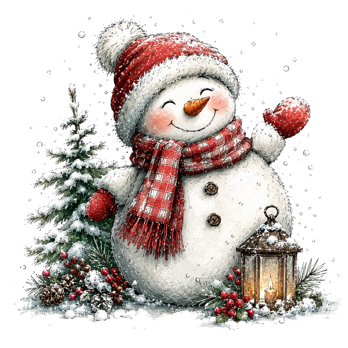 Christmas Whimsy - Waving Snowman with Lantern DTF transfer