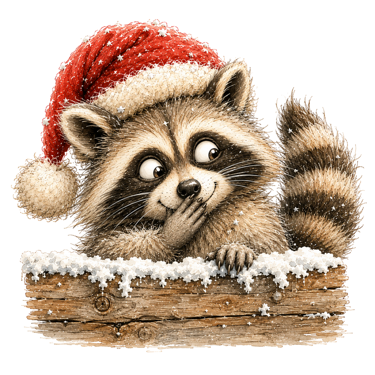 Christmas Whimsy - Peeking Raccoon in Santa Hat DTF transfer