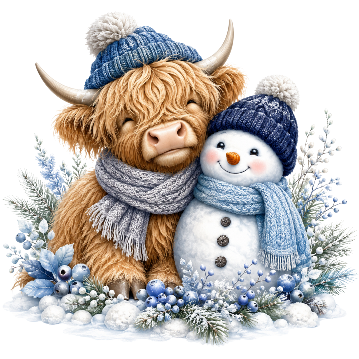 Christmas Whimsy - Highland Cow and Snowman in Blue Winter DTF transfer