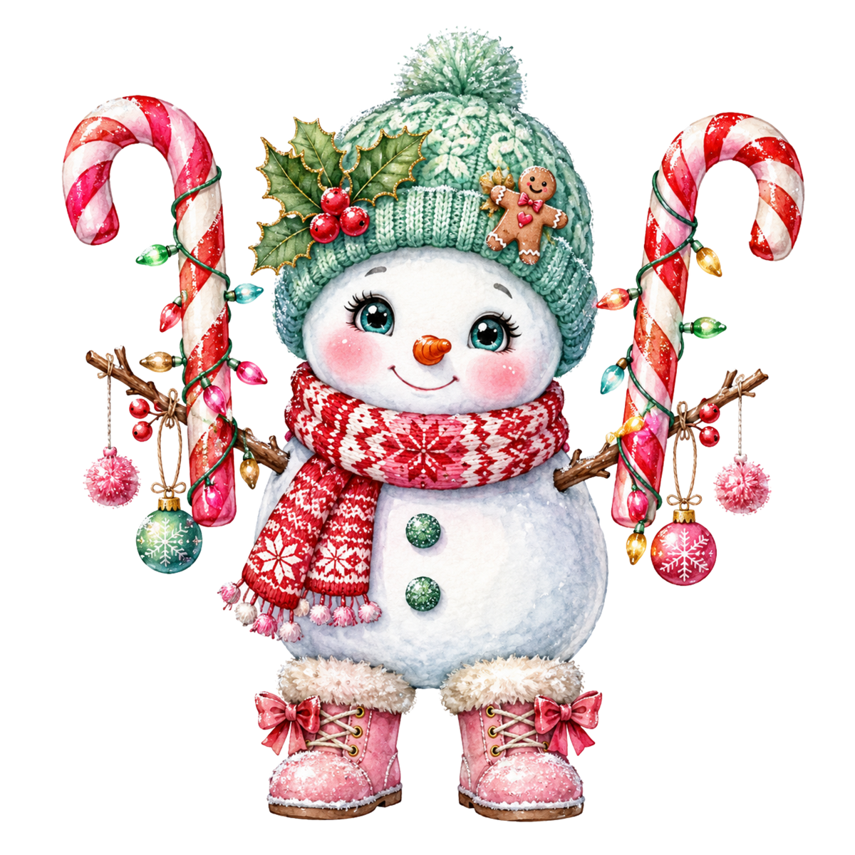 Christmas Whimsy - Candy Cane Snowman with Ornaments DTF transfer