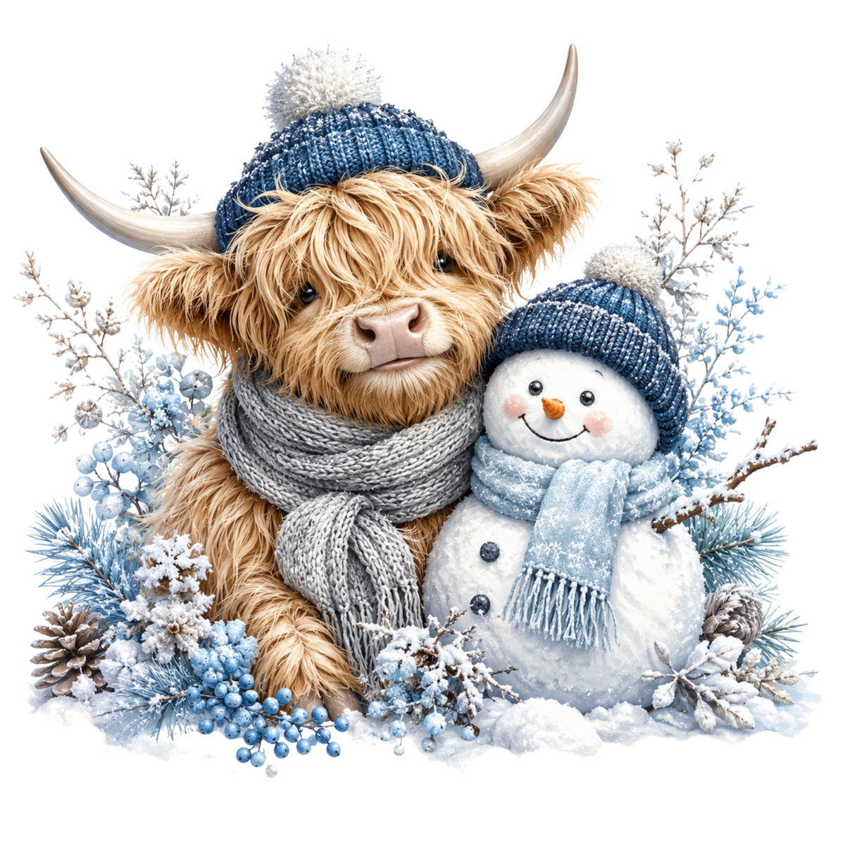 Christmas Whimsy - Highland Cow and Snowman in Frosty Blue DTF transfer