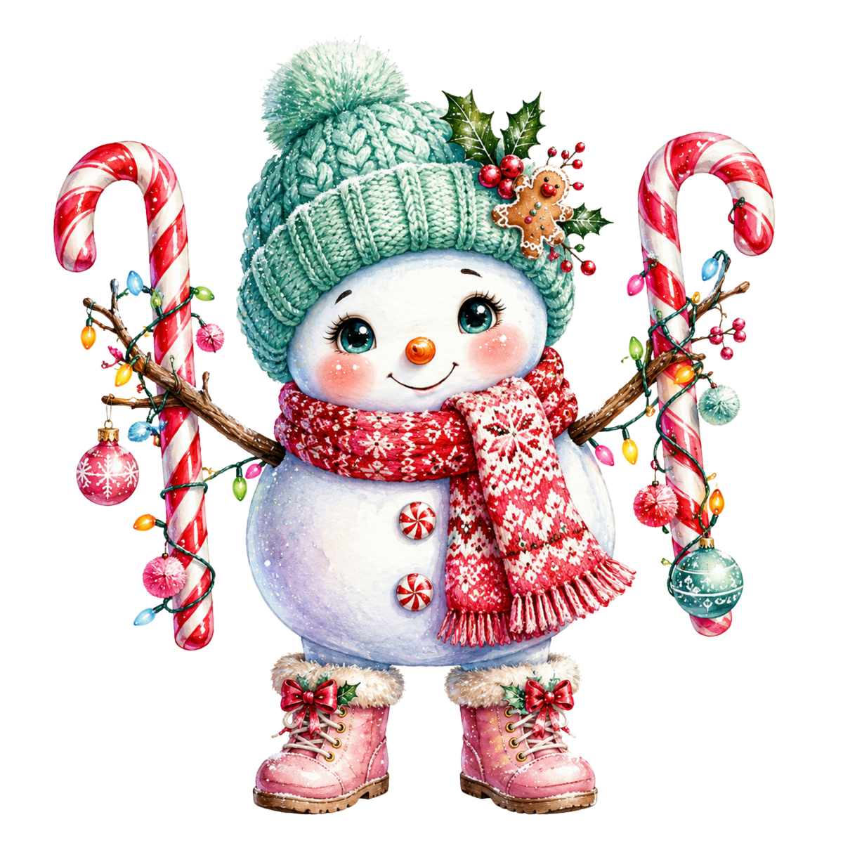 Christmas Whimsy - Candy Cane Snowman in Teal Hat DTF transfer