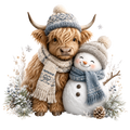 Christmas Whimsy - Highland Cow and Snowman in Knit Scarves DTF transfer