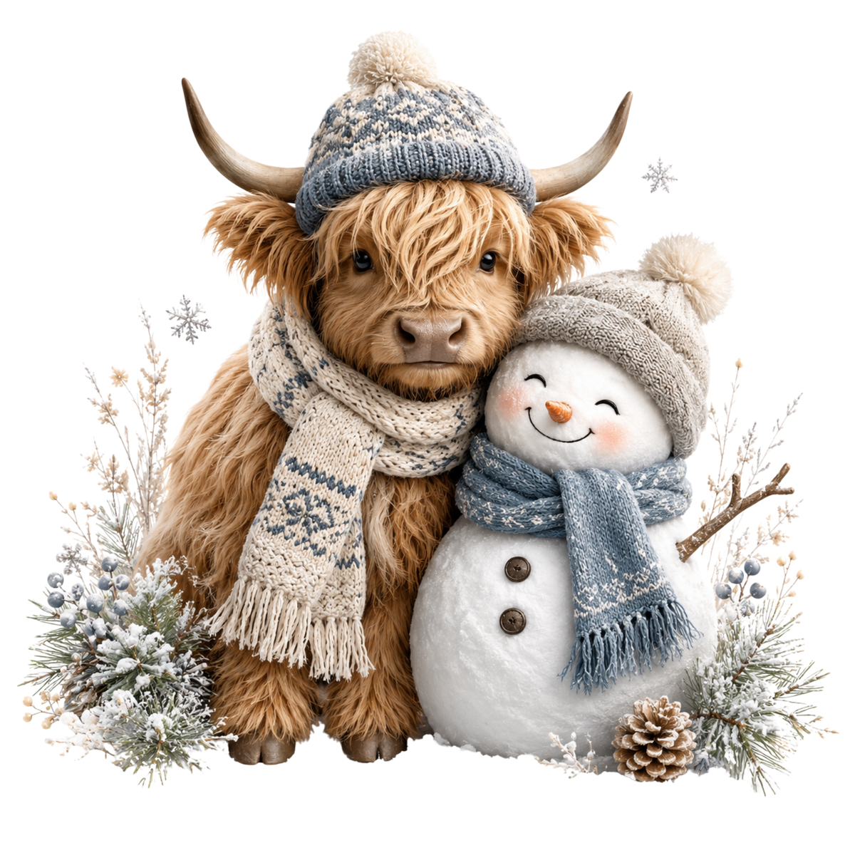 Christmas Whimsy - Highland Cow and Snowman in Knit Scarves DTF transfer