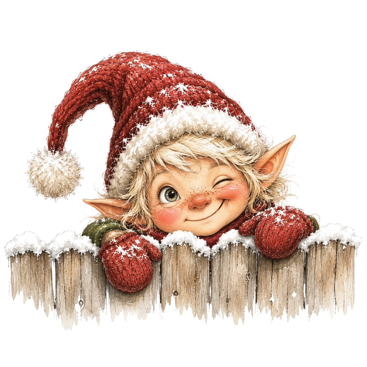 Christmas Whimsy - Winking Elf Over Fence DTF transfer