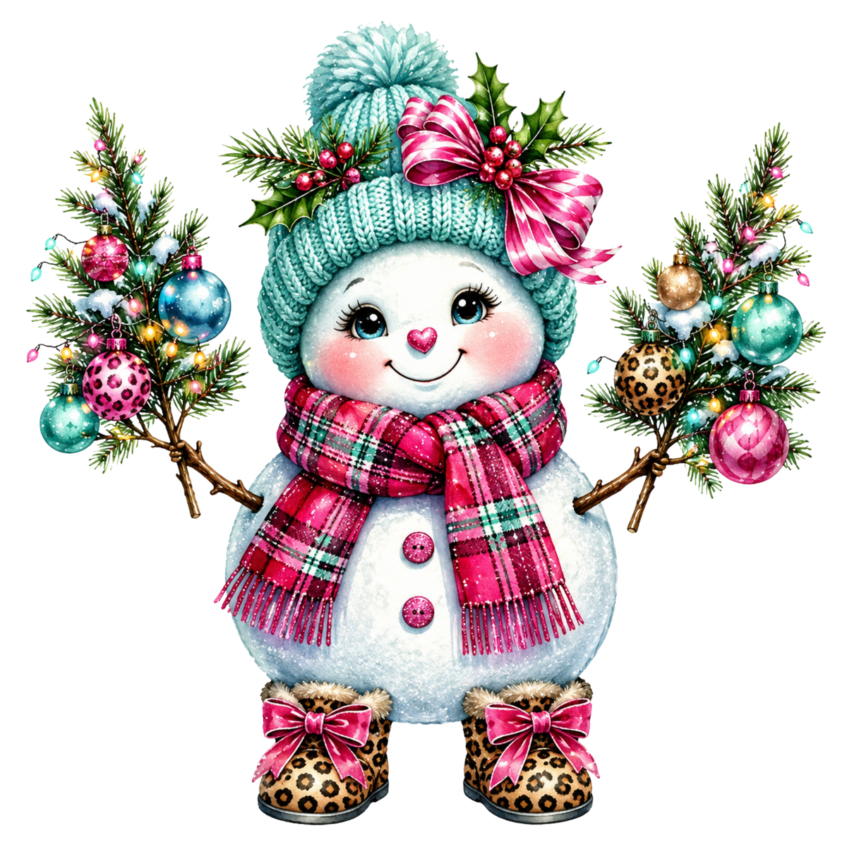 Christmas Whimsy - Pink Bow Snowman with Trees DTF transfer