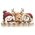 Christmas Whimsy - Snowman Reindeer and Penguin Over Fence DTF transfer