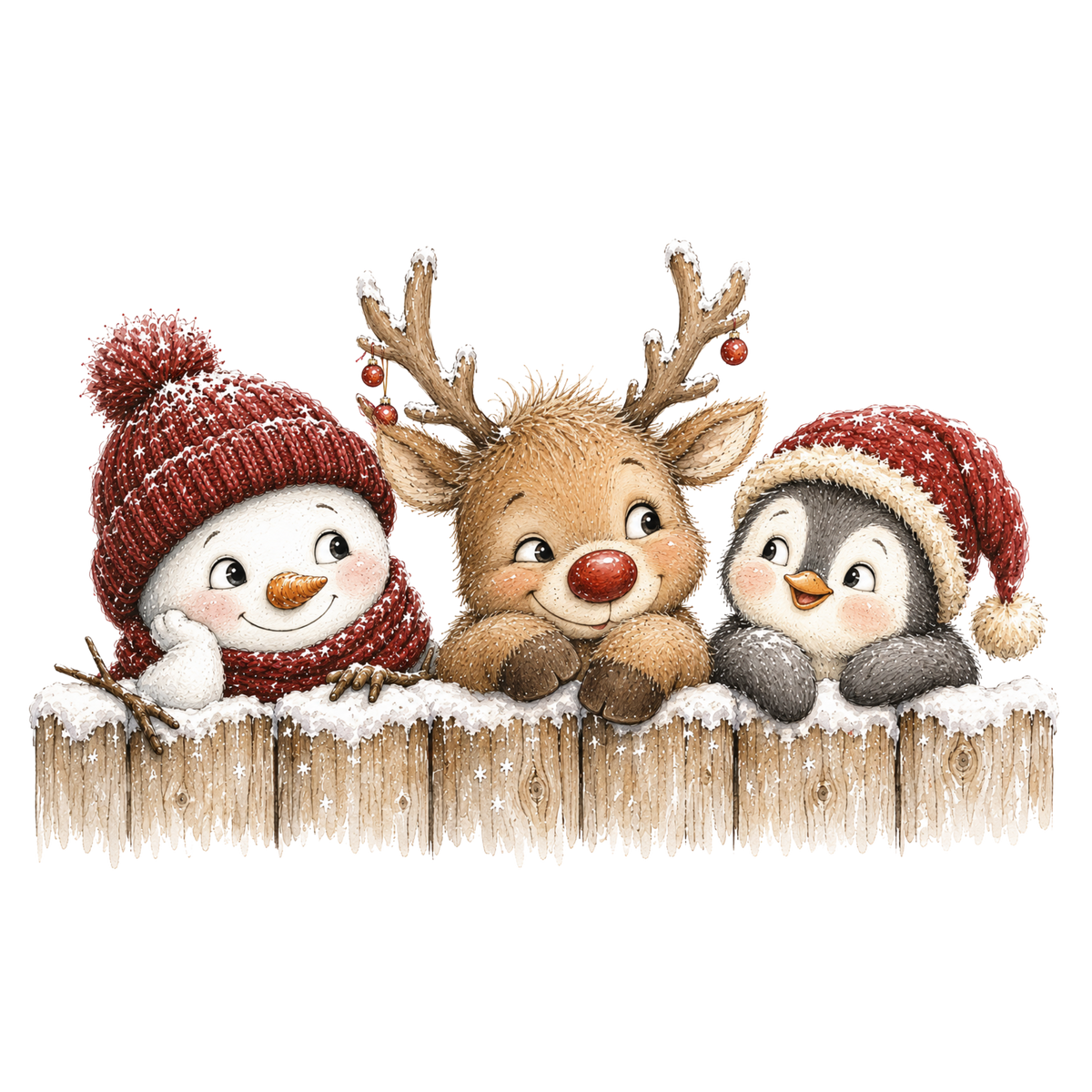 Christmas Whimsy - Snowman Reindeer and Penguin Over Fence DTF transfer
