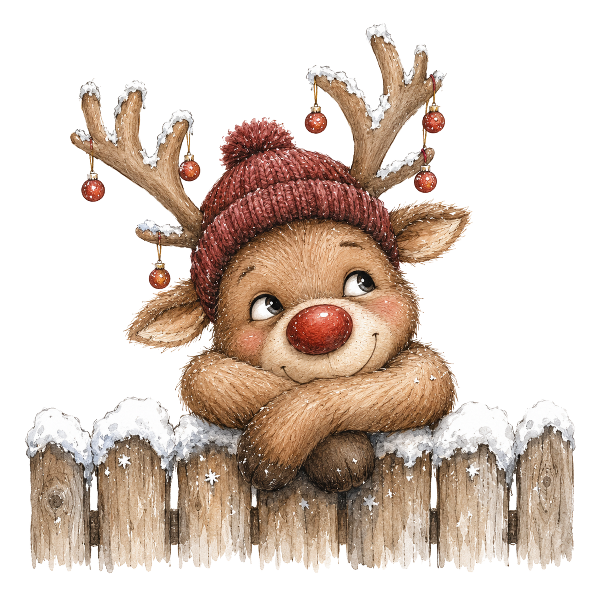 Christmas Whimsy - Reindeer Resting on Fence DTF transfer