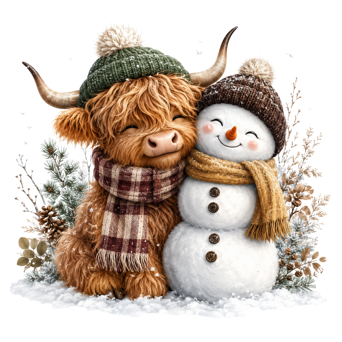 Christmas Whimsy - Highland Cow and Snowman in Green Beanie DTF transfer