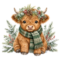 Christmas Whimsy - Baby Highland Cow with Holly Crown DTF transfer