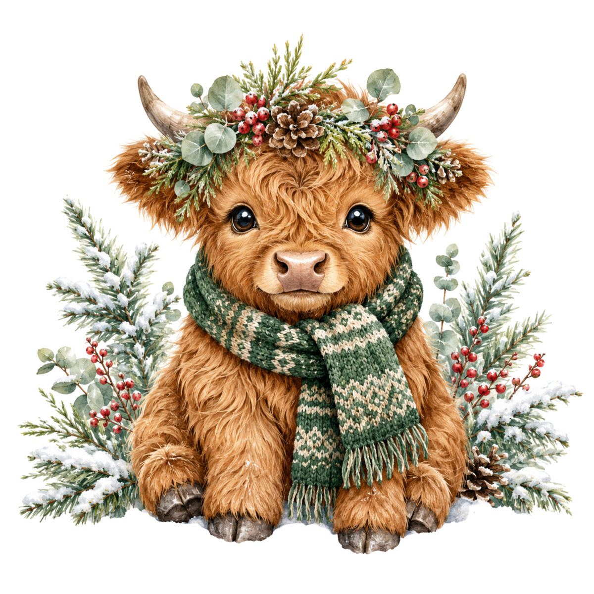 Christmas Whimsy - Baby Highland Cow with Holly Crown DTF transfer