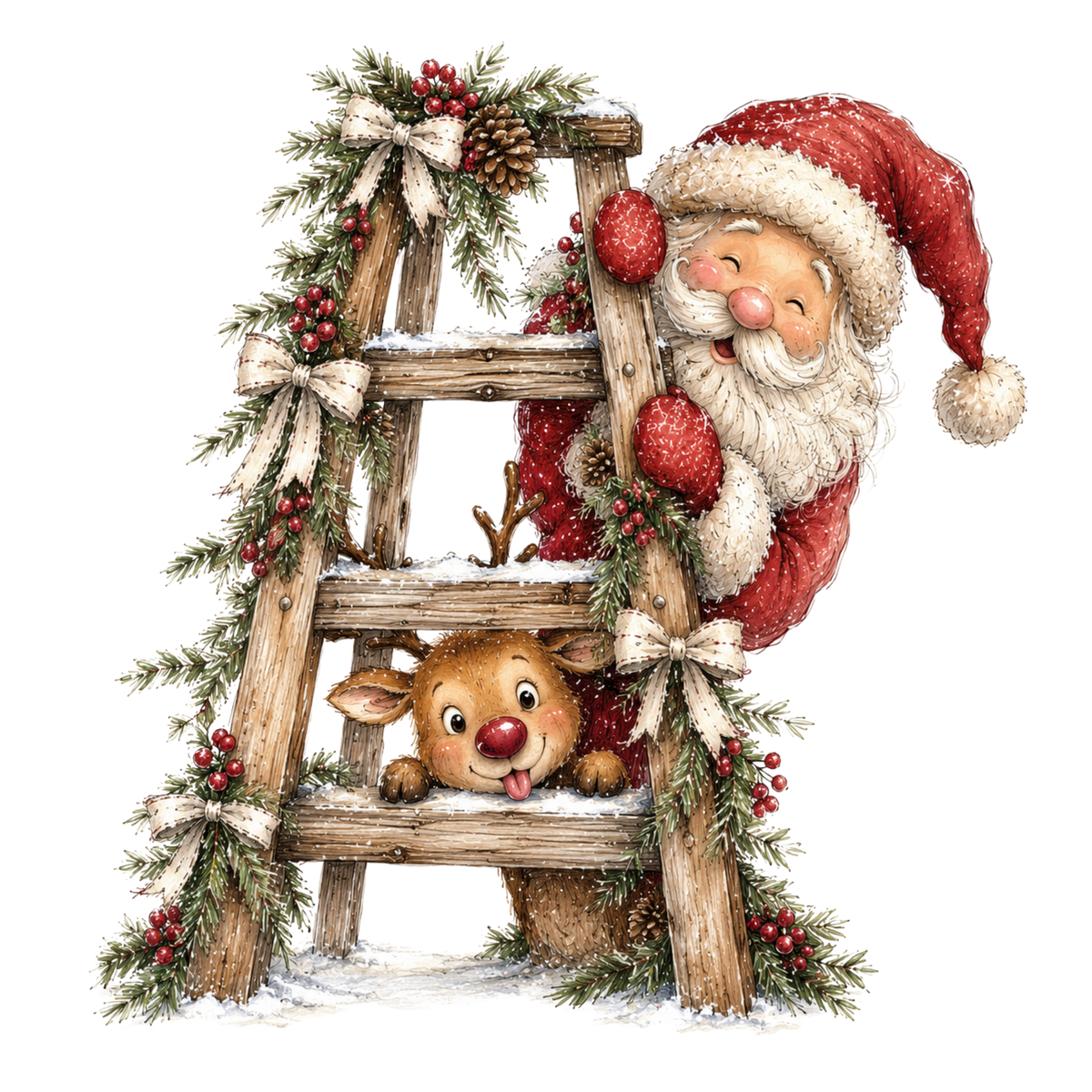 Christmas Whimsy - Santa and Reindeer on a Ladder DTF transfer