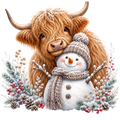 Christmas Whimsy - Highland Cow Cuddling Snowman DTF transfer