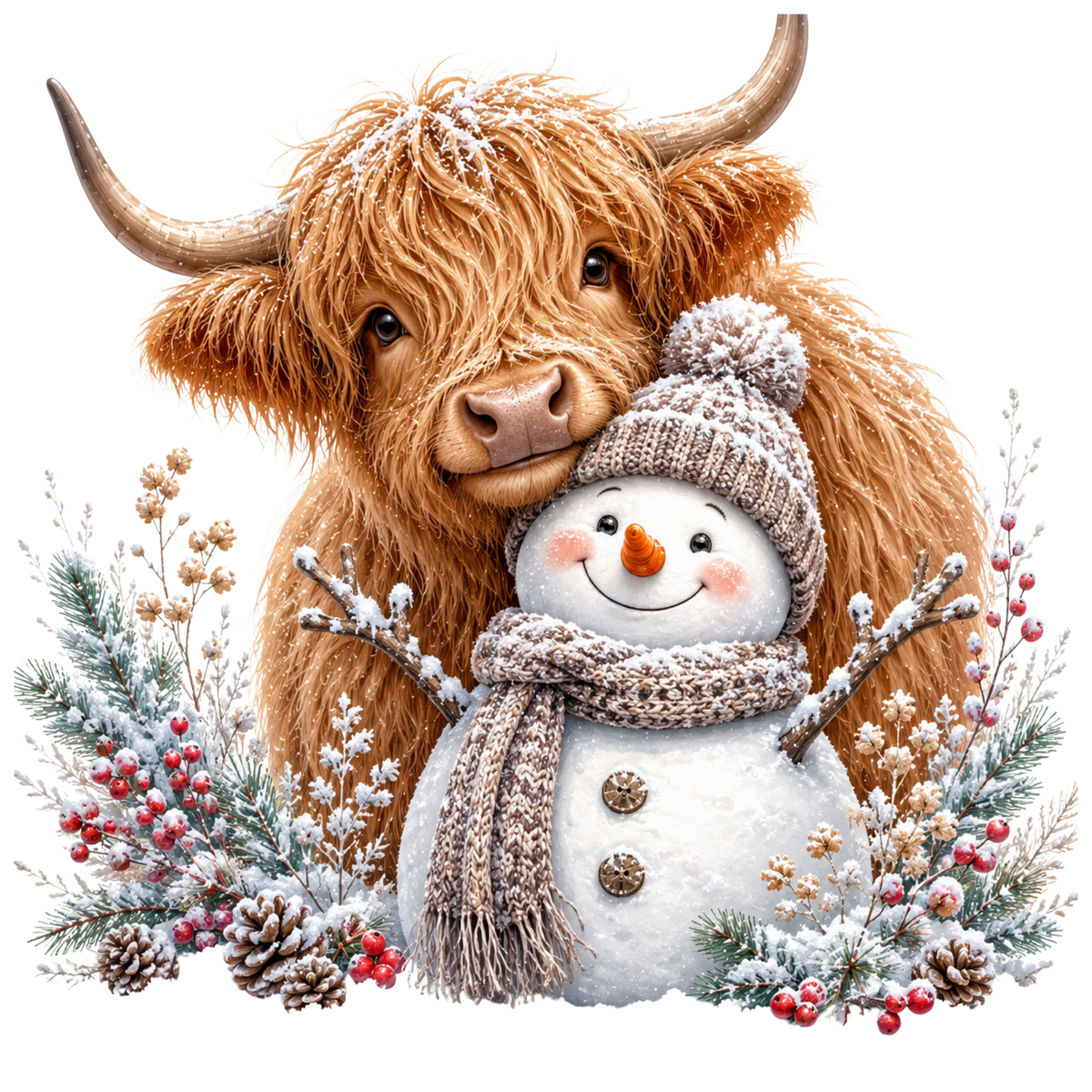 Christmas Whimsy - Highland Cow Cuddling Snowman DTF transfer