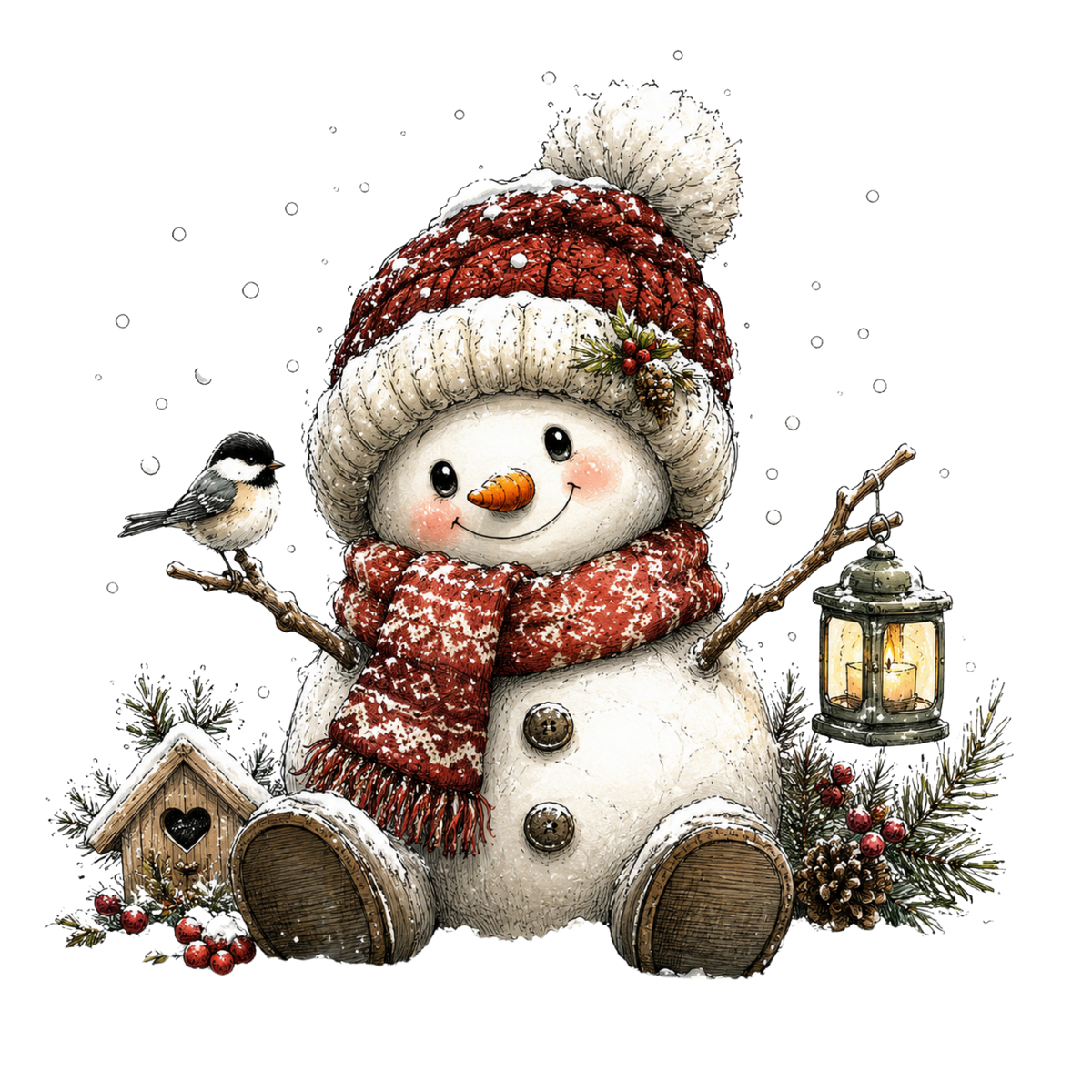 Christmas Whimsy - Snowman with Chickadee and Birdhouse DTF transfer