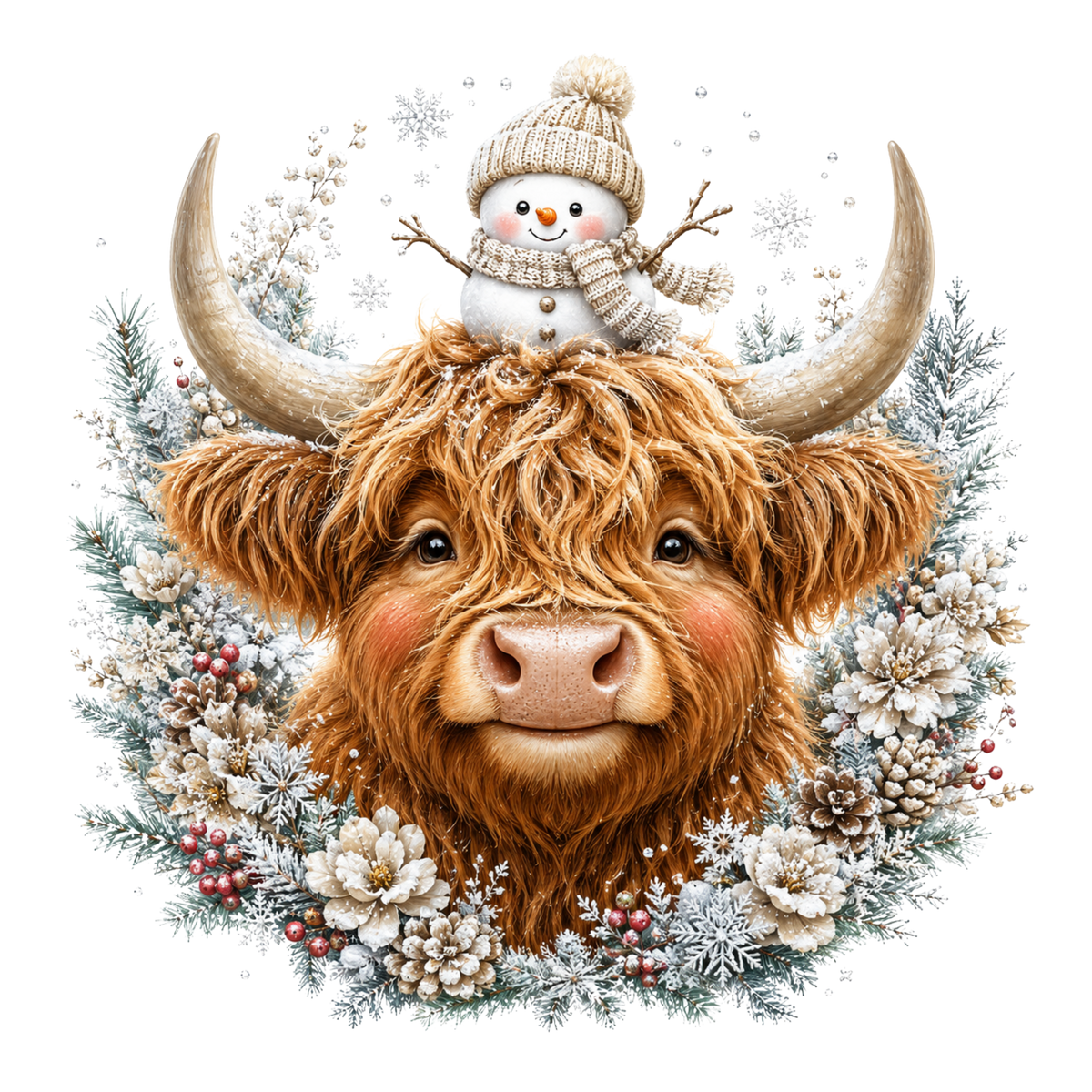 Christmas Whimsy - Highland Cow with Snowman Topper DTF transfer