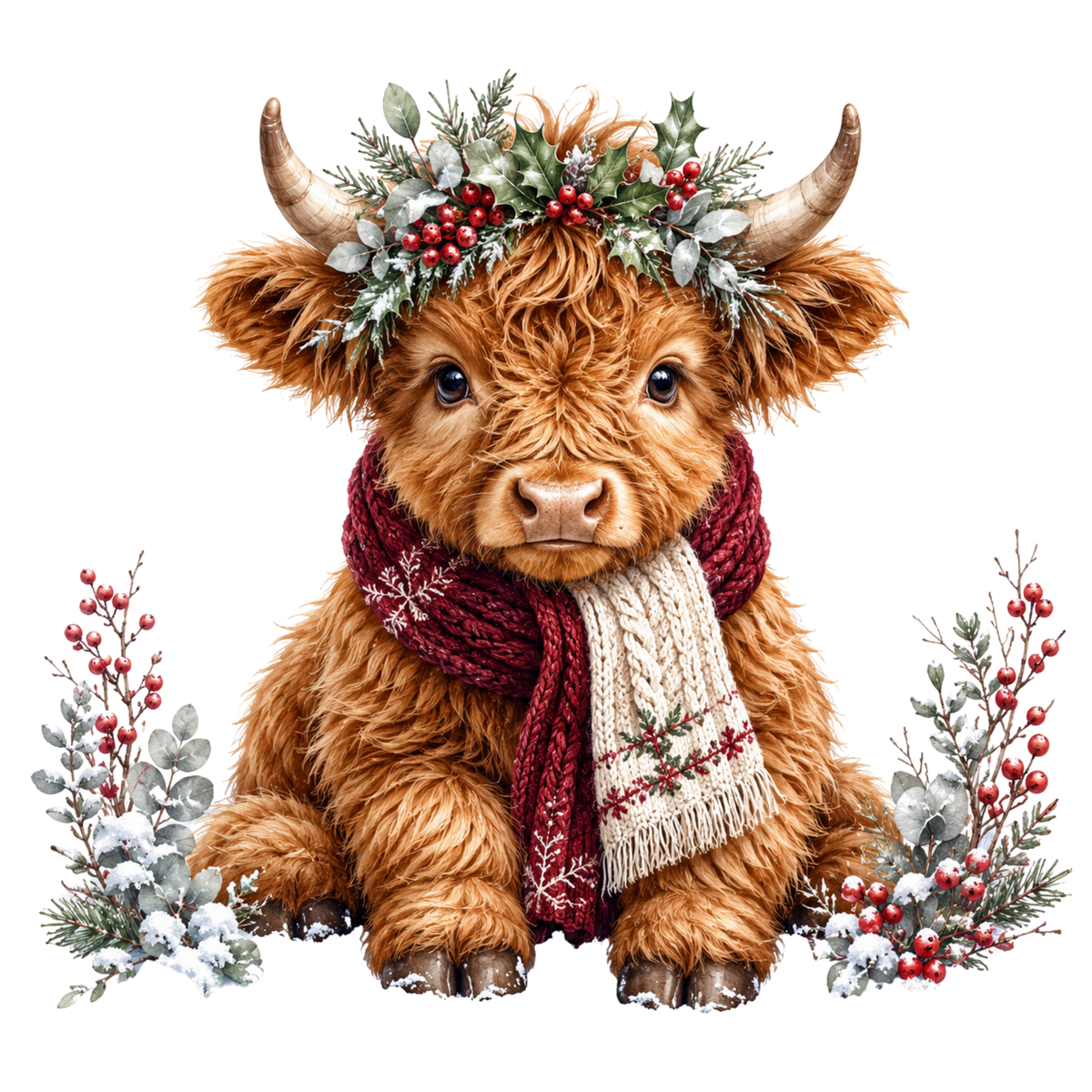 Christmas Whimsy - Baby Highland Cow in Red Scarf DTF transfer