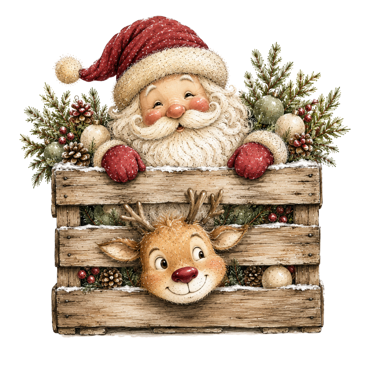 Christmas Whimsy - Santa and Reindeer in a Crate DTF transfer