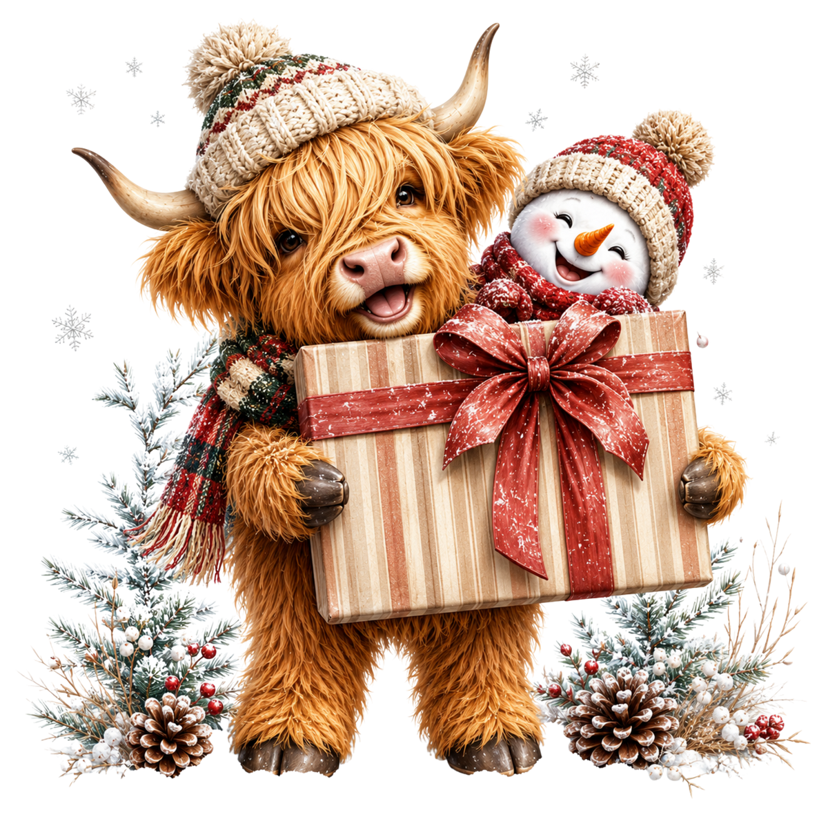 Christmas Whimsy - Highland Cow and Snowman with Gift DTF transfer