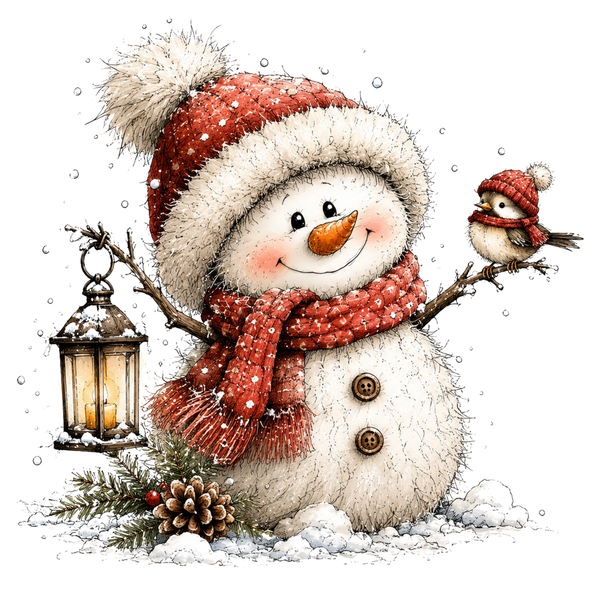 Christmas Whimsy - Snowman with Robin and Lantern DTF transfer
