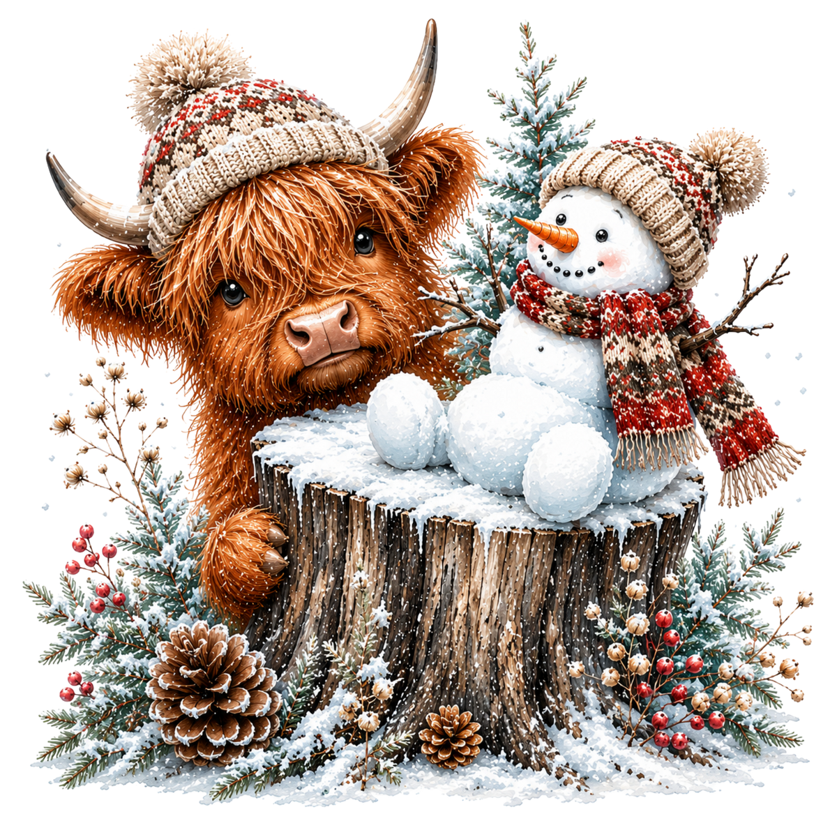 Christmas Whimsy - Highland Cow and Snowman on a Stump DTF transfer